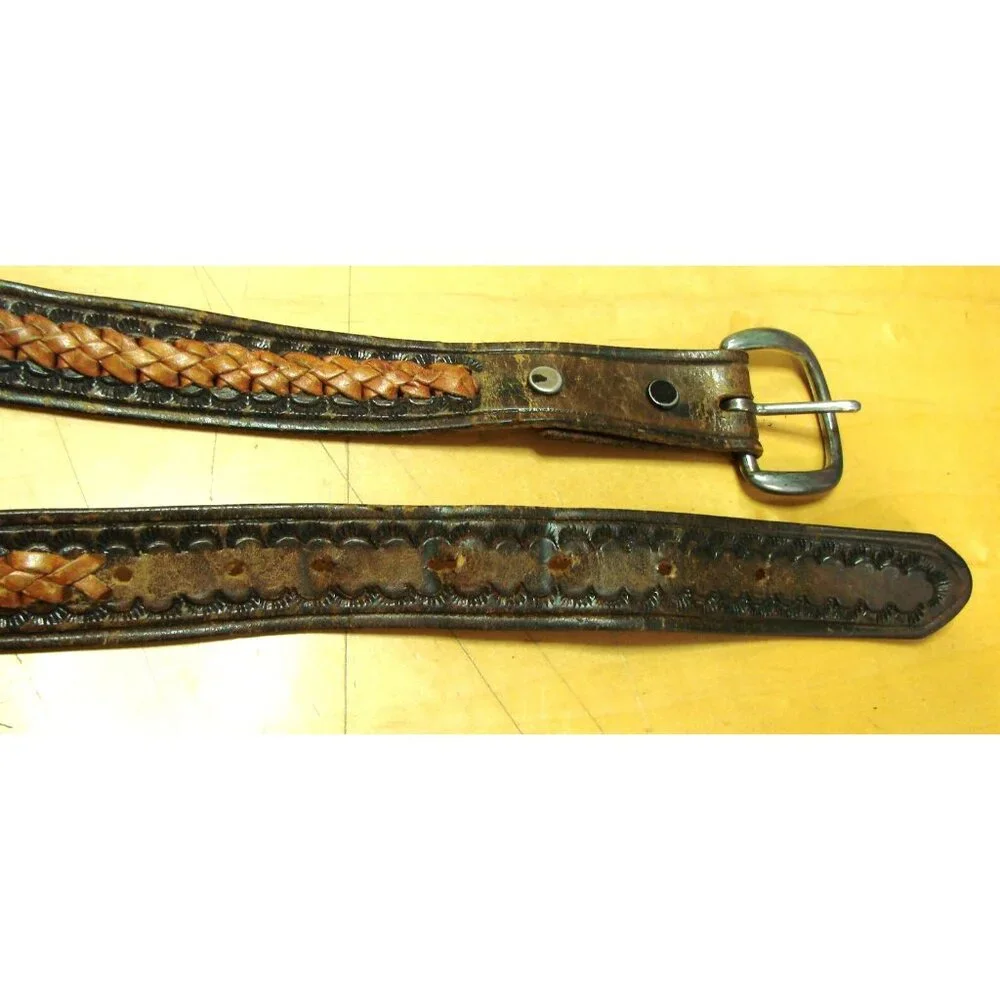Mens Two Tone Brown Leather Braided Inlaid Belt Size 42 Made in Mexico Vintage